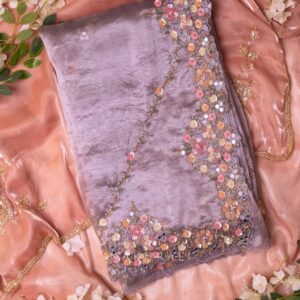 Lavender Charm Organza Saree with Zardozi Floral Embellishments