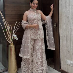 Embroidered Net Halter Kurti with Sharara & Dupatta Set