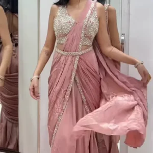 Blush Pink Ruffled Pre-Stitched Saree with Embellished Blouse