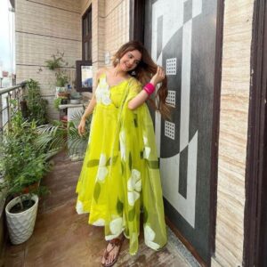 Parrot Green Color Digital Printed Anarkali Gown