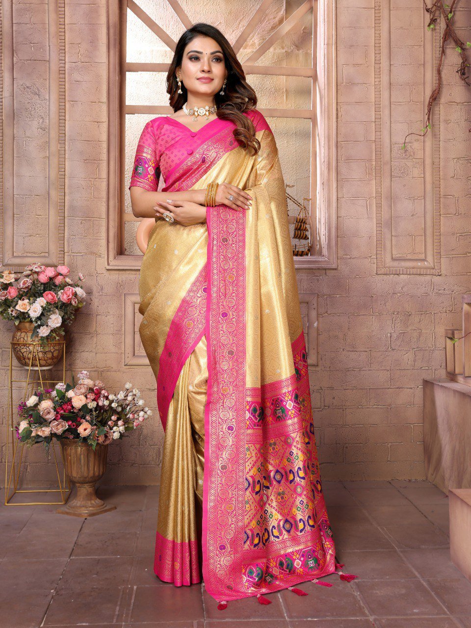 Captivating Gold Color Classic Pallu Silk Saree - Image 3
