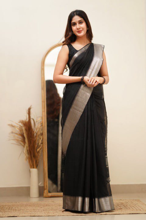 Black Banarasi Soft Silk Jacquard Saree With Blouse Piece