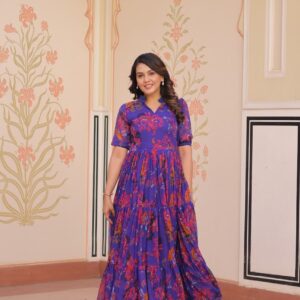 Blue Color Georgette With Print Gown