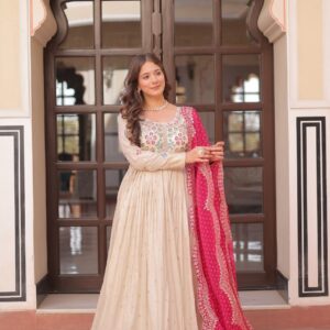 Gorgeous Off White Gown With Pink Dupatta