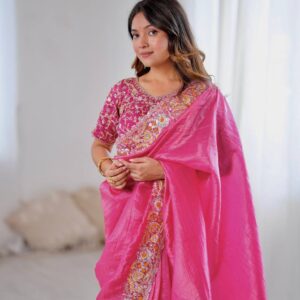 Pink Color Gold Crush Beautiful Embroidered Saree