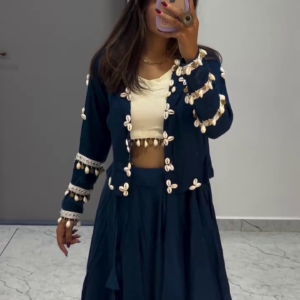 Navy Blue Shell Work Jacket Lehenga Set with Crop Top