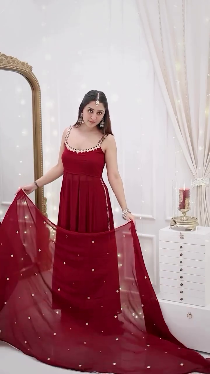 Maroon Mirror Work Flared Anarkali Gown Set with Dupatta - Image 2