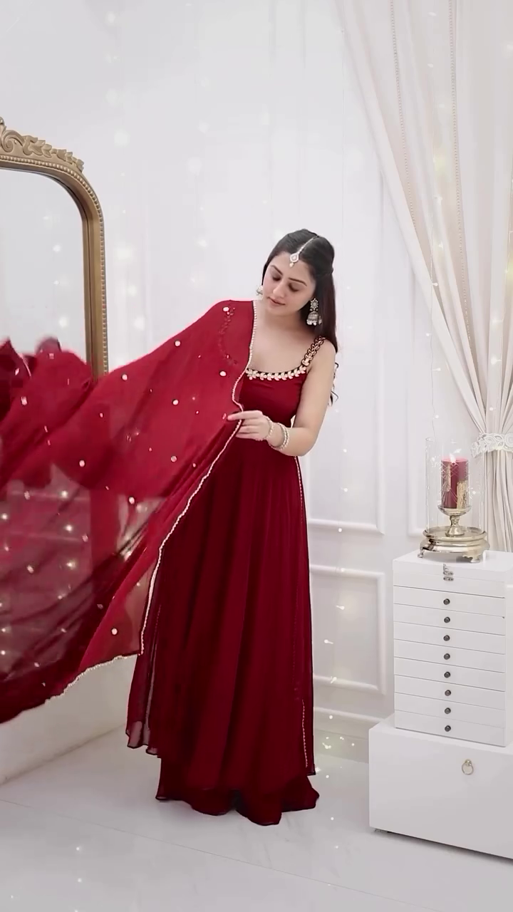 Maroon Mirror Work Flared Anarkali Gown Set with Dupatta