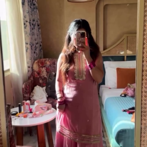 Dusty Pink Gota Patti Kurta Sharara Set with Embroidered Neckline