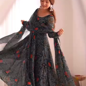 Black Multicolor Printed Anarkali Kurti Set with Dupatta – Ethnic Cotton Flair