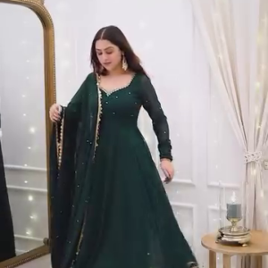 Bottle Green Anarkali Gown with Golden Border Detailing