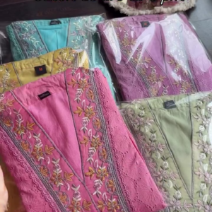 Floral Printed Cotton Suit Set with Embroidered Neckline