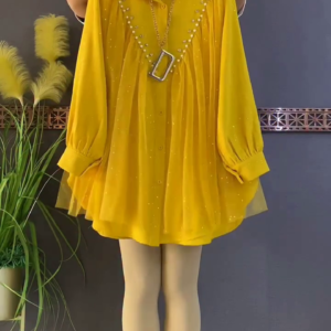 Mustard Yellow Pearl Studded Flared Shirt Top