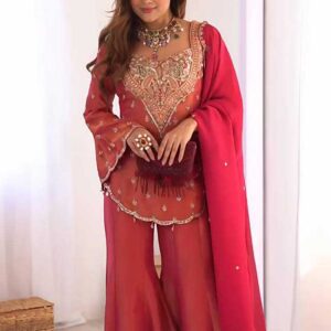 Crimson Red Embroidered Georgette Palazzo Suit with Dupatta